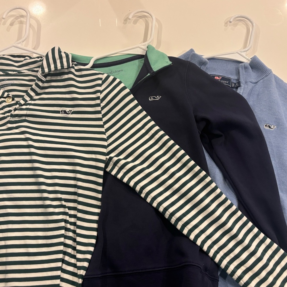 Vineyard Vines longe sleeved shirt, sweater, and quarter zip jacket. Small 8-10